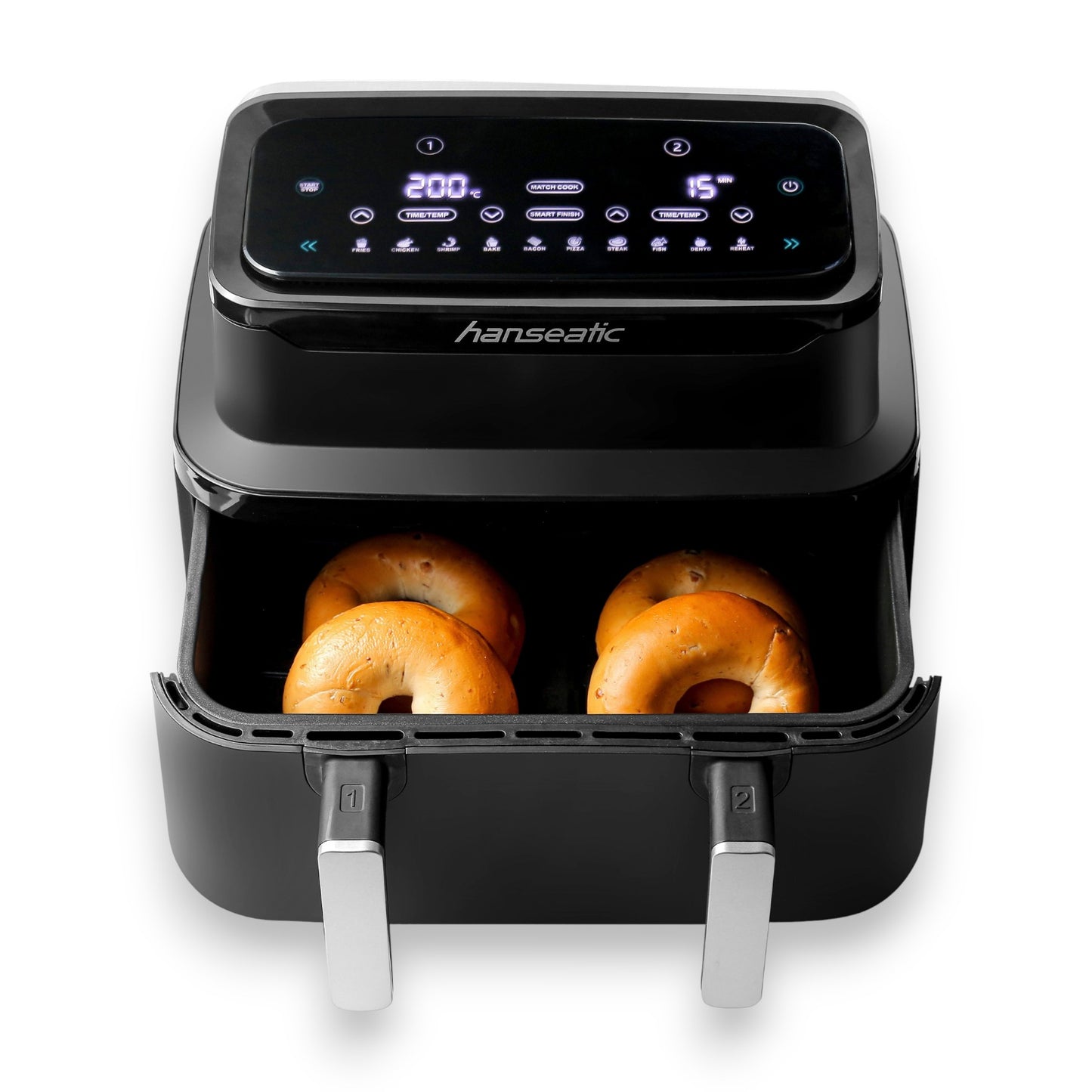 Hanseatic Heißluftfritteuse HAF212600D XXL-Volumen 9L mit Dörrfunktion 2 Einschüben Touchdisplay