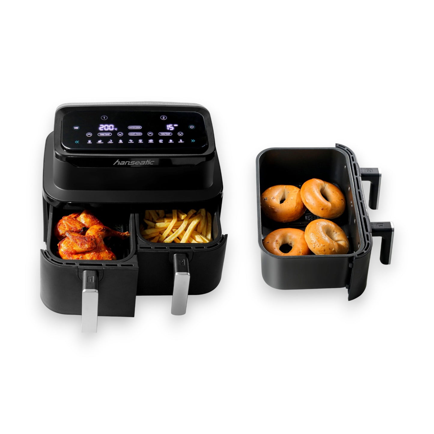 Hanseatic Heißluftfritteuse HAF212600D XXL-Volumen 9L mit Dörrfunktion 2 Einschüben Touchdisplay