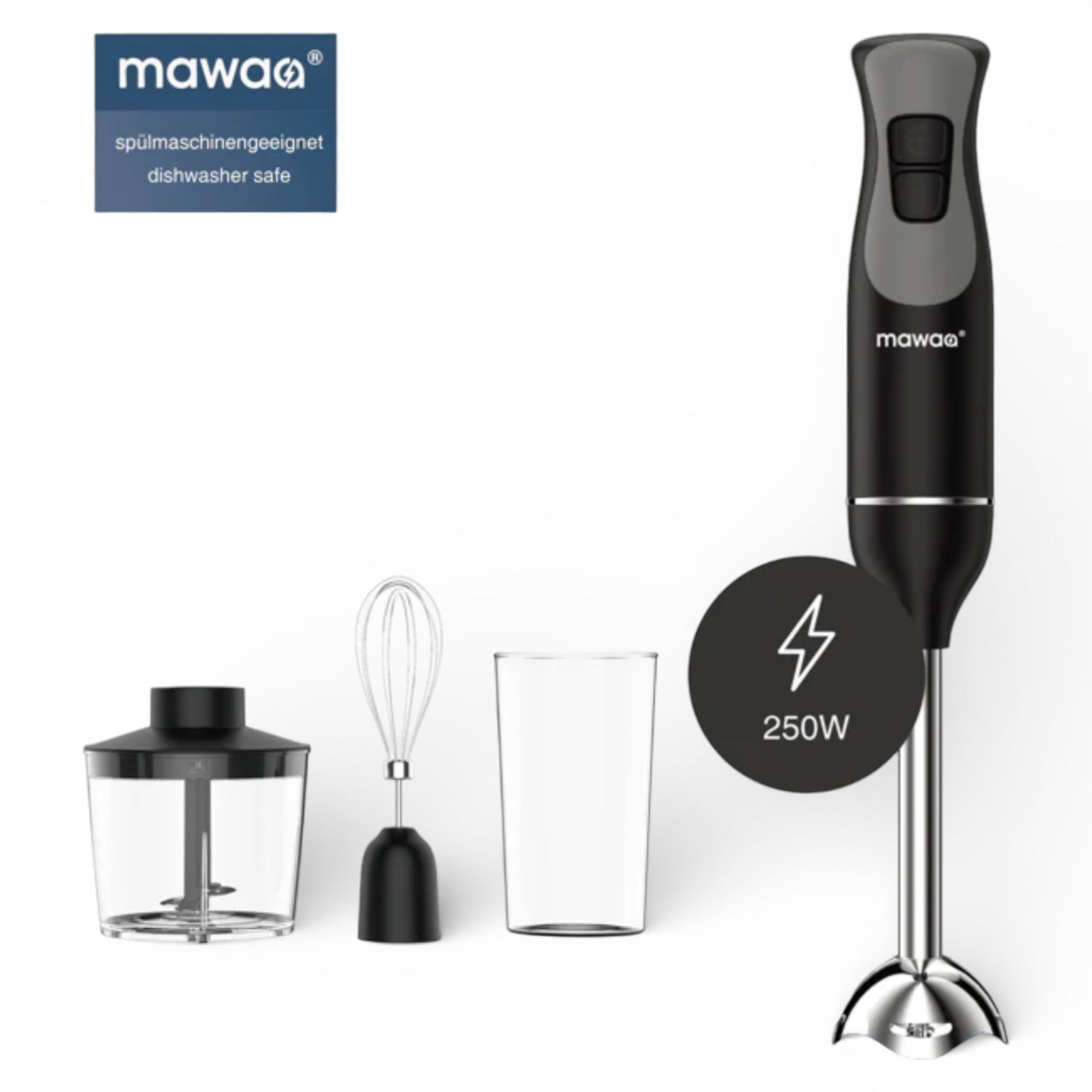 Mawaa Stabmixer MHB-32515-SB 250W Schneebesen Zerkleinerer Mess- und Mixbecher