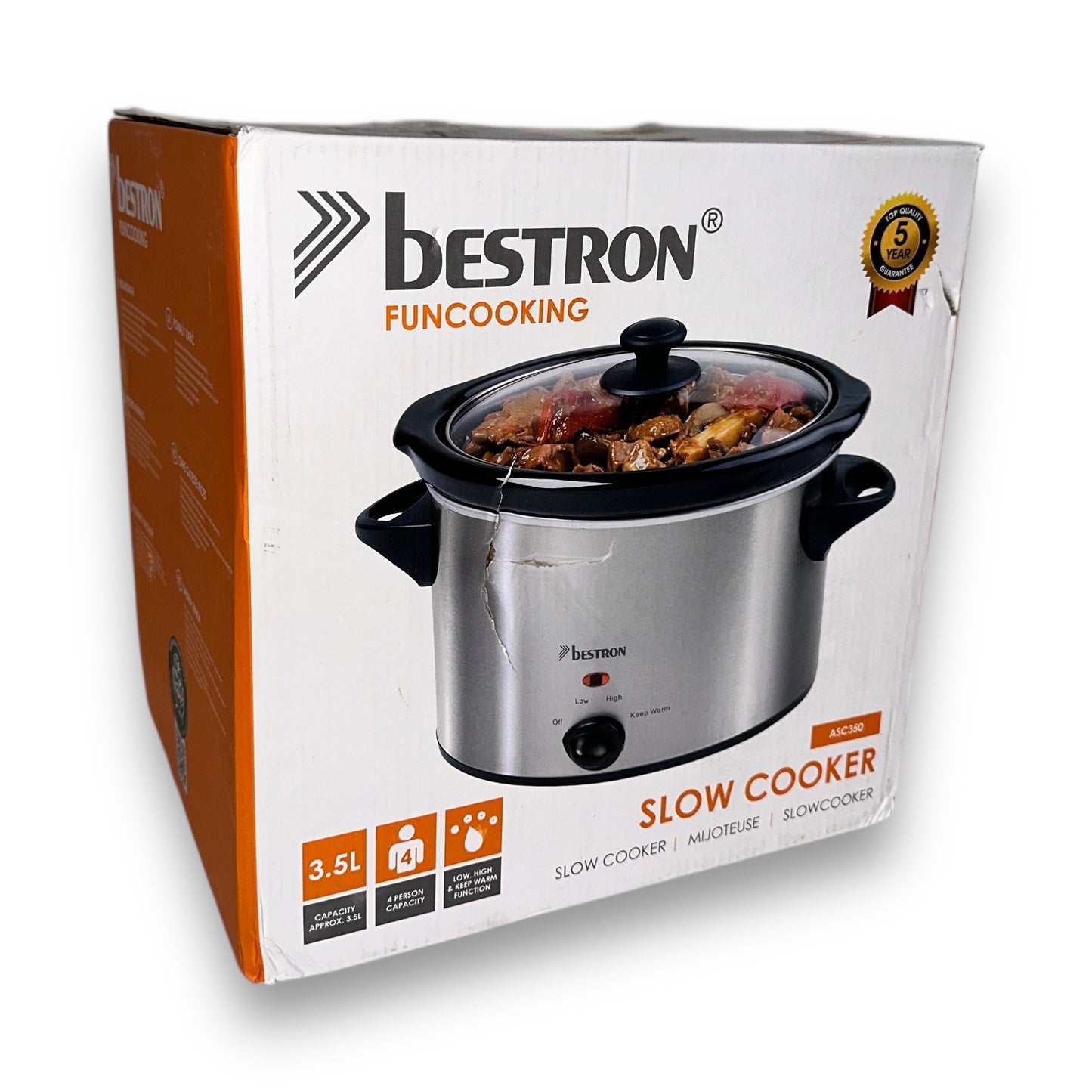 Bestron ASC350 Slowcooker Keramikpfanne elektrischer Kochtopf Silber 3,5L
