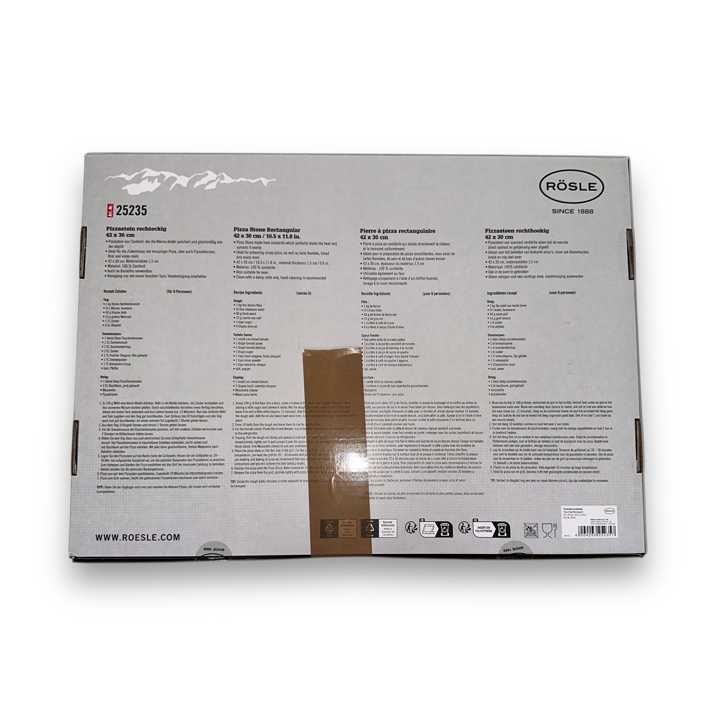 Rösle Pizzastein für Grill und Backofen 25235 Cordierit 42x30 cm