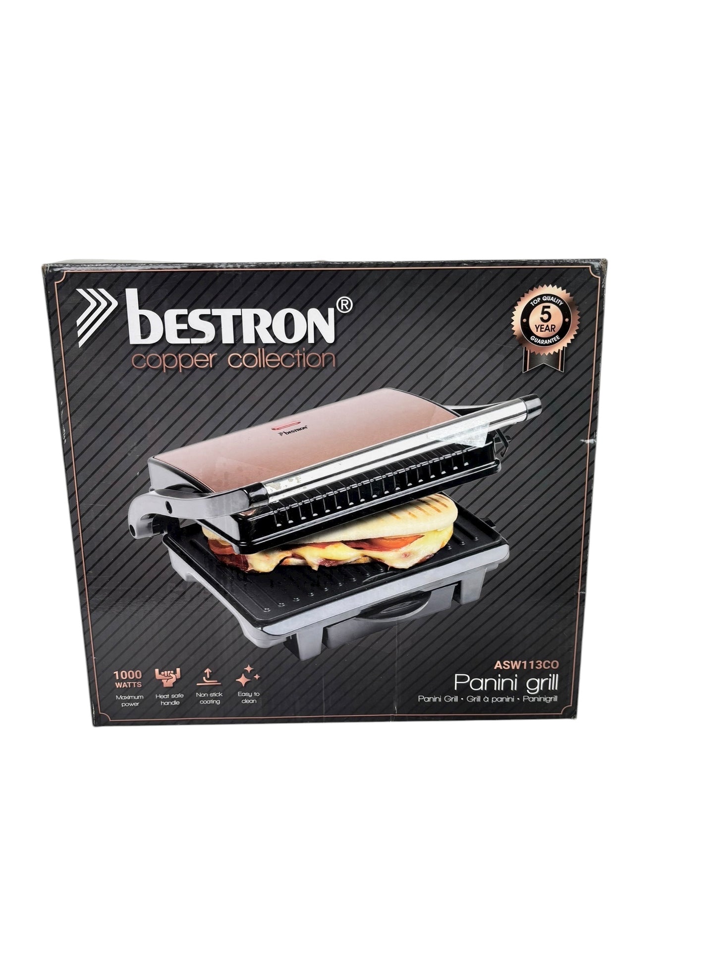 Bestron ASW113CO Elektrogrill 1000 Watt Sandwich Grill Kupfer