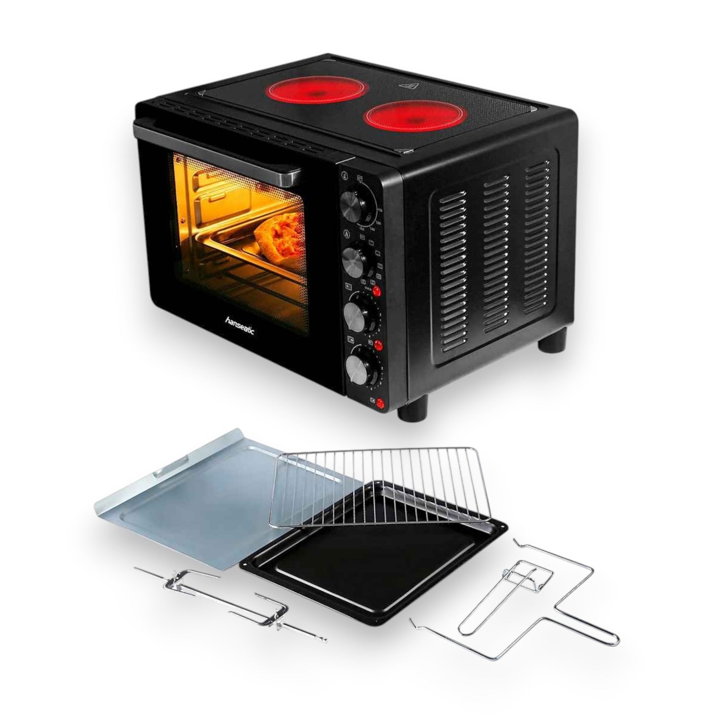 Hanseatic HMO287BKB Multiofen mit 2 Glaskeramik-Kochfeldern Ober/Unterhitze/Umluft Garraum, Grillspieß