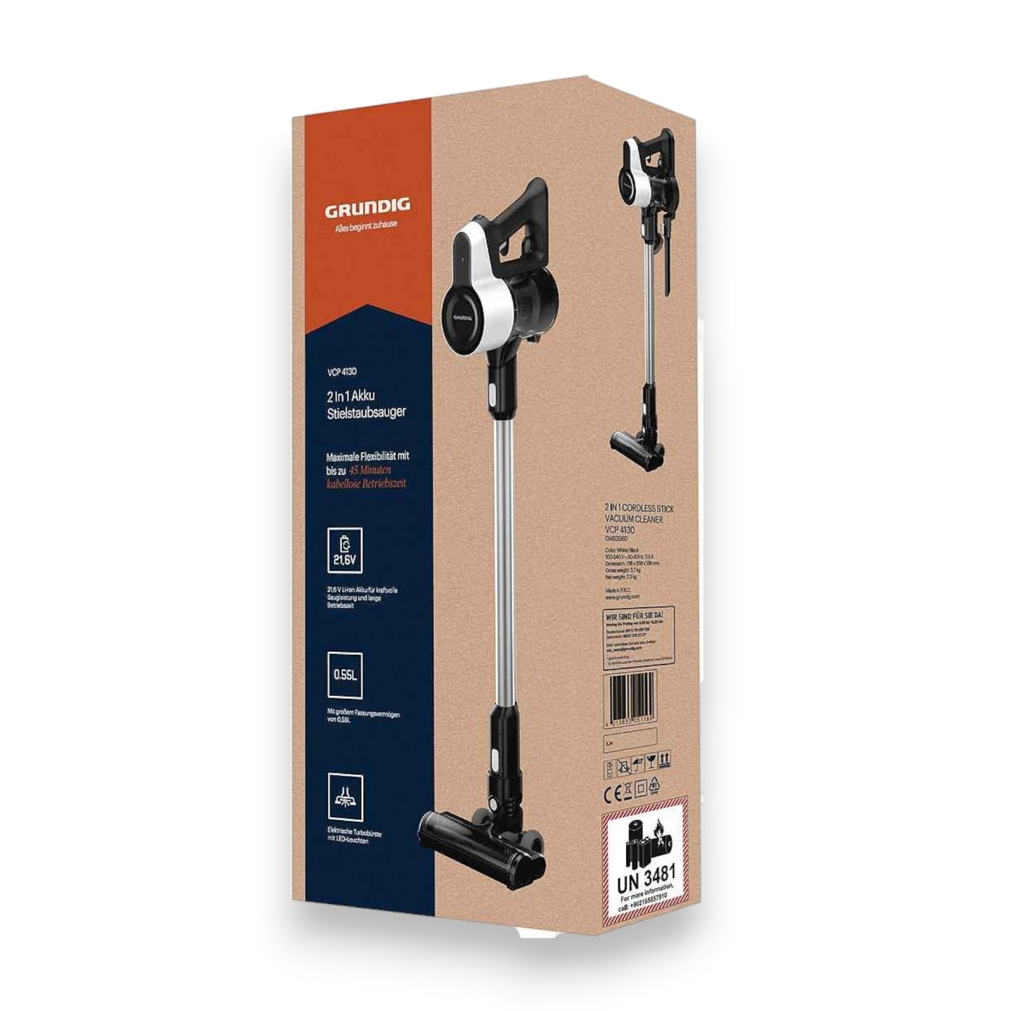 Grundig VCP 4130 Akku-Hand-und Stielstaubsauger 45min Akkulaufzeit 2 SaugkraftstufenLED Turbobürste inkl. Wandhalterung
