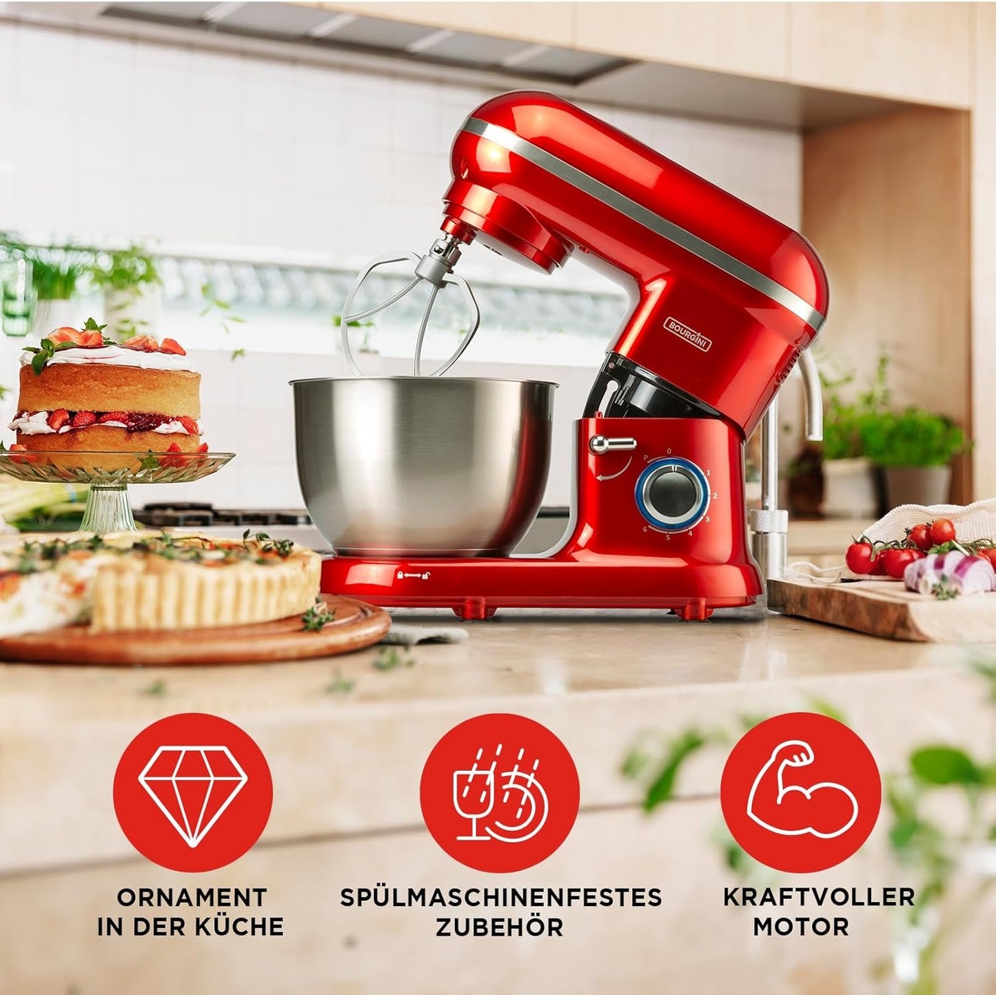Bourgini Küchenmaschine Classic Kitchen Chef 4,5 Liter Fassungsvermögen 1300 Watt-Motor Rot