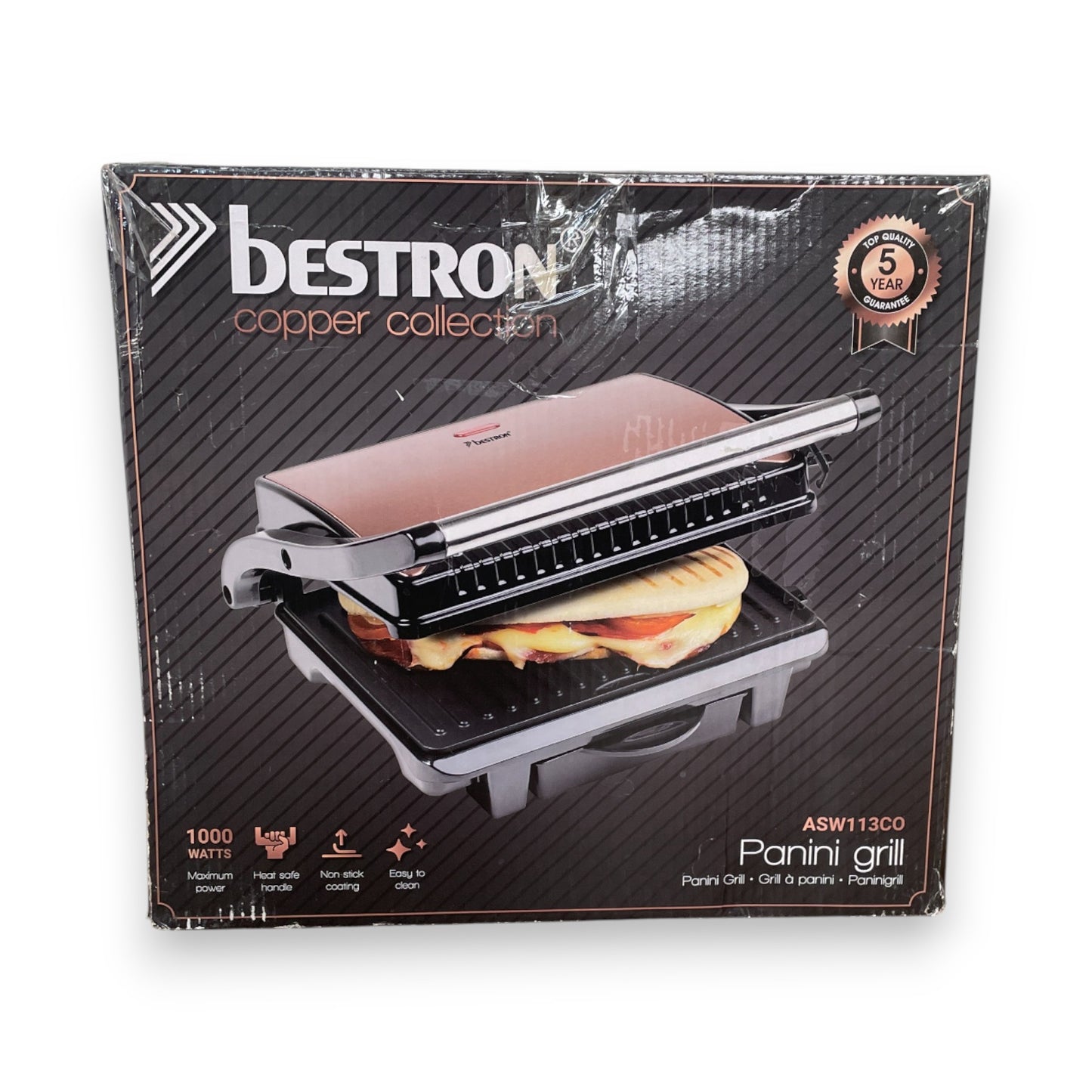 Bestron ASW113CO Elektrogrill 1000 Watt Sandwich Grill Kupfer
