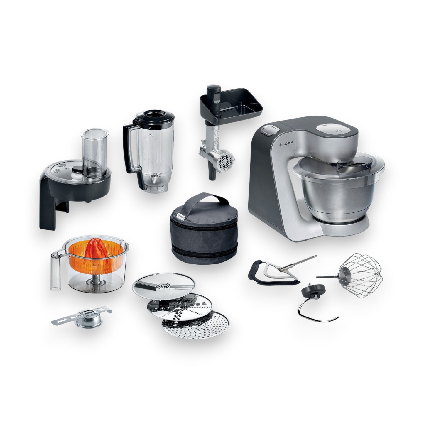 Bosch Küchenmaschine MUM5935B silber Fleischwolf, Kekspresse, Zitruspresse, 3 Rühr-/Knethaken, spülm.fest